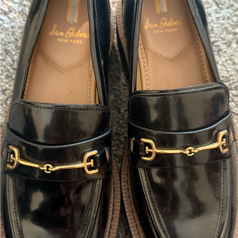 Sam Edelman Black Patent Leather Loafers with Gold Hardware